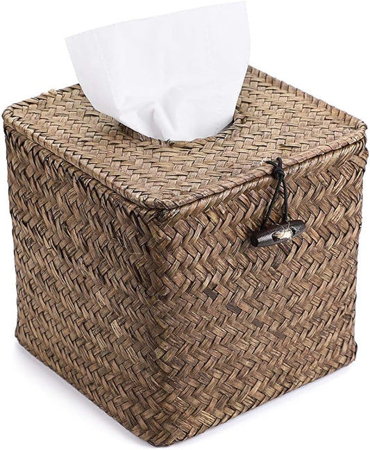 Sumnacon Tissue Box Cover Square Seagrass Tissue Box with Lid, Woven Tissue Box Holder Rustic Cube Tissue Cover for Bathroom Toilet Bedroom Living Room Kitchen Table Desk Office Car, Coffee