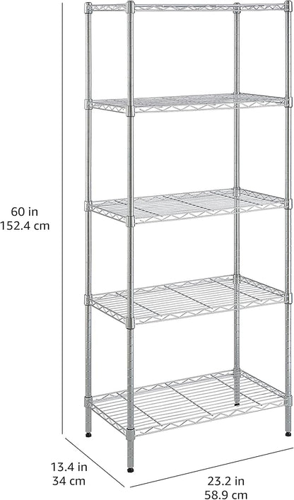 Amazon Basics 5-Shelf Adjustable Storage Shelving Unit for Garage, Steel Wire Rack, 200 Pound Loading Capacity per Shelf, 23.2" x 13.4" x 60", Chrome Finish