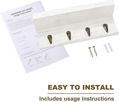 Rustic Key Holder for Wall, Farmhouse Wall Shelf with 4 Hooks, Wall Mounted Key Racks, Wooden Mail Organizer with Hooks for Entryway (White)