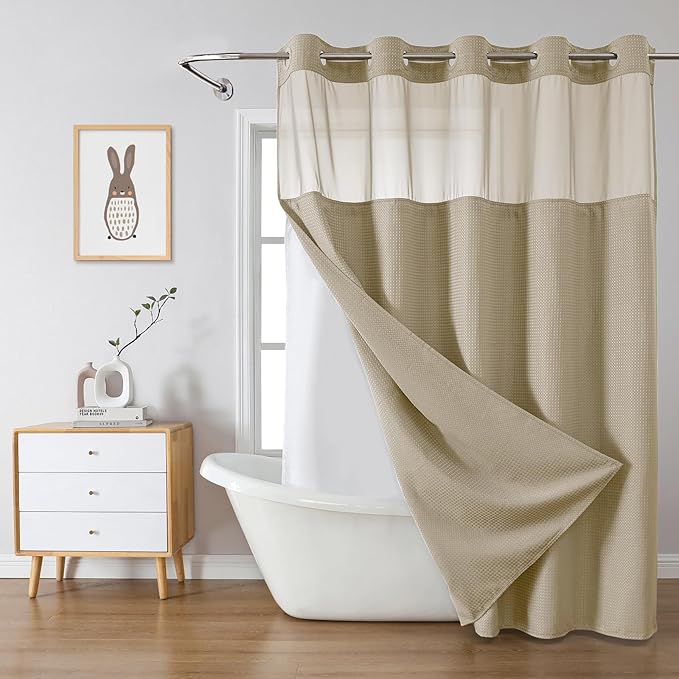 Khaki No Hook Waffle Weave Shower Curtain with snap-in Liner Replacement, 230GSM Waterproof Fabric Hotel Shower Curtain Set for Bathroom, Through Mesh Top Window,71Wx77H