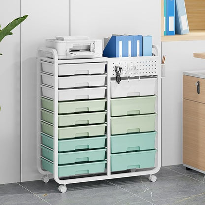 Rolling Storage Cart with 14 Drawers, Storage Organizer Cart with Tabletop and Pegboard,Utility Cart for Living Room, Classroom, Bedroom,Bathroom,Dorm,Office (Green)