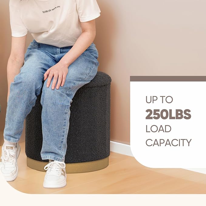 B FSOBEIIALEO Ottoman with Stroage, Round Boucle Storage Ottoman with Gold Plating Base,Foot Rest Stool for Dorm Room, Living Room Dark Grey, 16.73"x16.73"x17.72"