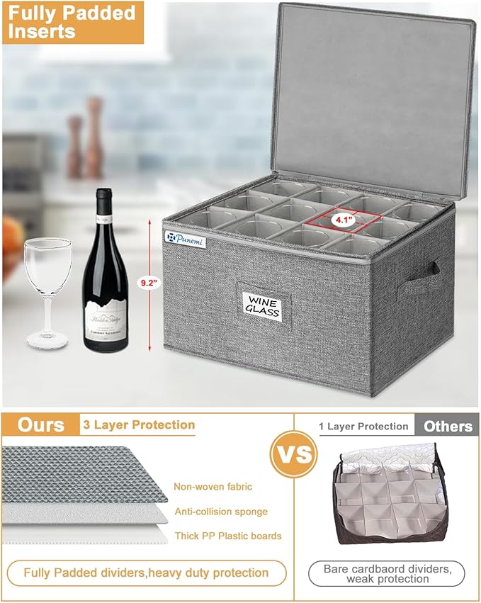 punemi Wine Glass Storage Box, Glassware Storage Containers w/Hard Shell Side Bottom Support & Padded Dividers, Stackable Stemware Storage Case for 24 China Crystal Glasses Drinkware, Moving Supplies