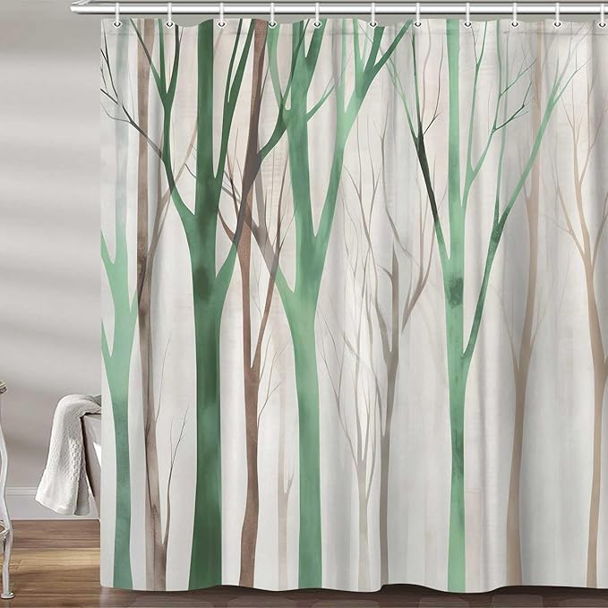 MERCHR Brown Green Tree Fabric Shower Curtain, Art Style Abstract Birch Forest Rustic Wood Polyester Fabric Waterproof Bath Curtain, Farmhouse Bathroom Shower Curtains with Hooks 47X64 Inch