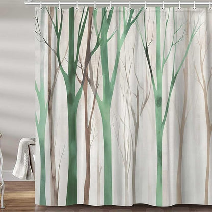 MERCHR Brown Green Tree Fabric Shower Curtain, Art Style Abstract Birch Forest Rustic Wood Polyester Fabric Waterproof Bath Curtain, Farmhouse Bathroom Shower Curtains with Hooks 72X84 Inch