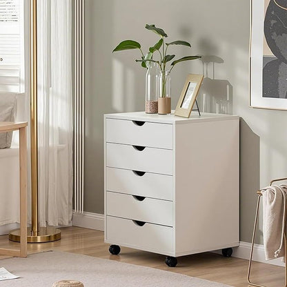 OLIXIS 5 Drawer Mobile File Cabinet Under Desk Storage Organization with Wheels Vertical Filing Chest Rolling Wood Small Desk Printer Stand for Home Office, 15.75"D x 18.74"W x 25.39"H, White