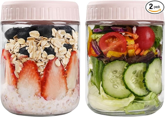 SHOWIN Overnight Oats Containers with Lids, 16oz Glass Jars with Lids 2 pcs, Pink, Wide Mouth Mason jars for Salad, Yogurt, Snacks, Meal Prep