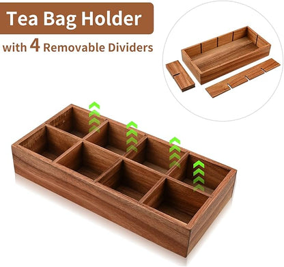 Acacia Wood Tea Bag Organizer with 8 Slots – Tea Bag Holder and Tea Organizer, Sugar Packet Storage for Countertops, Set Of Two