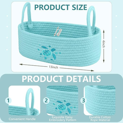 Vesici Sea Turtle Toilet Paper Basket Boho Woven Cotton Rope Bathroom Countertop Organizer with Handle Blue Summer Beach Sea Turtle Bathroom Storage Decor for Bedroom Nursery, 13 x 6 x 4 Inch