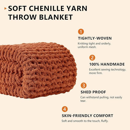 L'AGRATY Chunky Knit Blanket Throw: 60''x80'' Chenille Chunky Knitted Throw Blankets for Bed Couch - Handmade Thick Big Cable Knit Blanket - Large Crochet Rope Blankets for Home Decor(Rusty Orange)