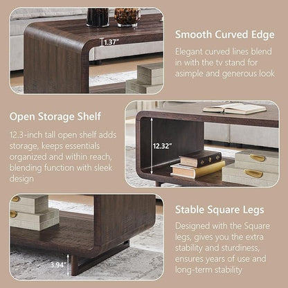 IFGET 48" Modern Coffee Table, 2-Tier Minimalist Center Table with Storage Shelf, Curved Profile Design, Wooden Rectangular Living Room Table w/Wood Thick Design for Living Room, Office, Brown