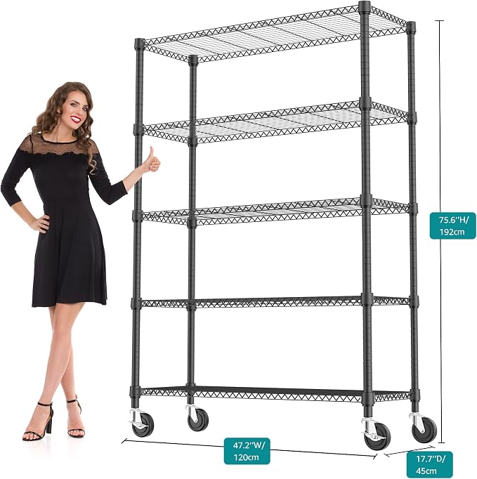 M MZG 1750LBS 47.2" W 5 Tiers Storage Shelves Metal Shelving Unit with Wheels Heavy Duty Garage Shelving Adjustable Wire Shelves for Pantry,Kitchen,Garage,Basement,Black 17.7" D x 47.2" W x 76.8" H