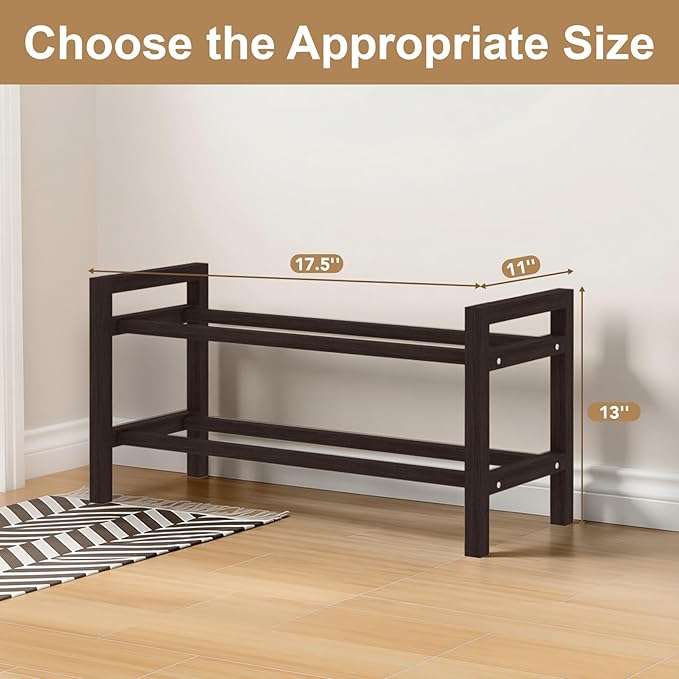 Haddockway Bamboo Shoe Rack for Closet, Free Standing Shoe Organizer with Smooth Round Rods & Convenient Handles, Stackable Shoe Storage Shelf for Entryway, Hallway(Brown, 2-Tier(Small))