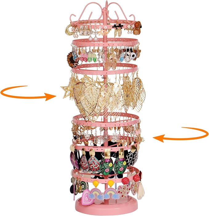 17Dec 6 Tier Rotating Jewelry Organizer Stand, 230 Holes Earring Holder Organizer for Women Girls, Spinning Earring Tree with Ring Holder, Wide Base for Bracelets Watches Lipstick