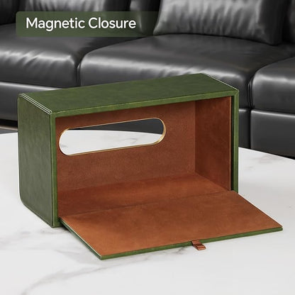 Rectangle Tissue Box Cover for 120-160 Count Box of Tissues, Luxury PU Leather Tissue Holder with Magnetic Closure (Dark Green)