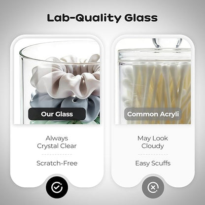 Glass Qtip Holder Dispenser Set - 15oz & 10oz Cotton Swab Holder with Black Wooden Lids, Apothecary Jar Bathroom Storage Canisters for Cotton Balls, Floss Picks, Vanity Organizer Container (2 Pack)