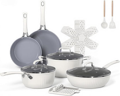 Ammeloo 15-Piece Ribbed Ceramic Cookware Set, Pots and Pans Set Non Stick, Induction Ready, Healthy Non Toxic Kitchen Cooking Set PFAS/PFOA/PTFE-Free, Silicone-wrapped Stay-Cool Handle