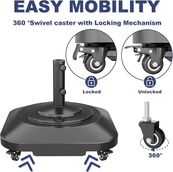 Patio Umbrella Base Heavy Duty with Wheels, Max 100lb Fillable Umbrella Stand Mobile Square Market Stand, Windproof Outdoor Umbrella Holder for Deck, Poolside, Lawn, Fits Muti Sized Umbrellas