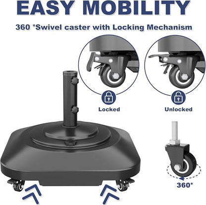Patio Umbrella Base Heavy Duty with Wheels, Max 100lb Fillable Umbrella Stand Mobile Square Market Stand, Windproof Outdoor Umbrella Holder for Deck, Poolside, Lawn, Fits Muti Sized Umbrellas