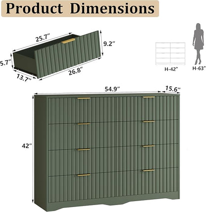 Fluted 8 Drawers Dresser for Bedroom, 55" Wide Wood Dressers Chest of Drawers with Metal Handle, Modern Dresser Storage Organizer for Living Room, Green