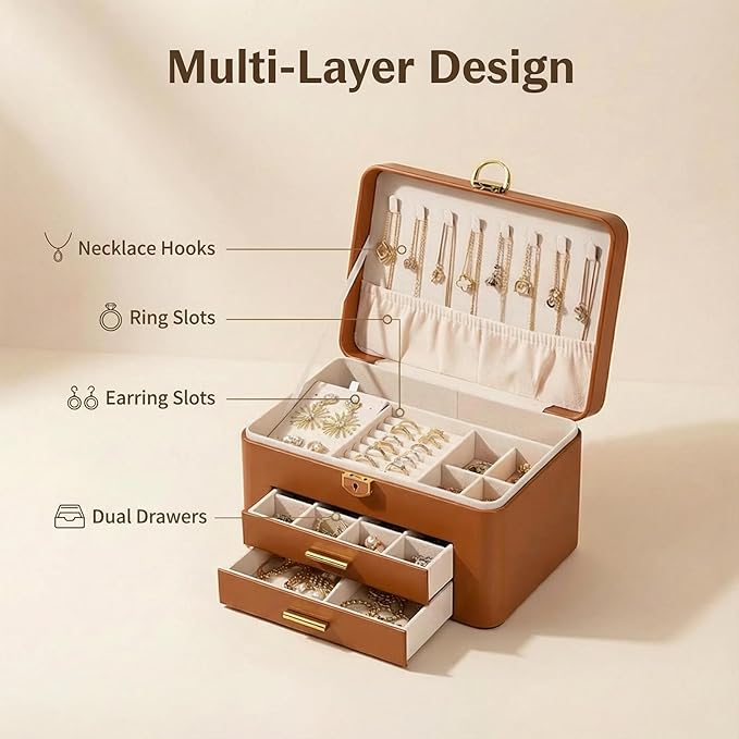 Jewelry Box for Women, Large Dresser Top Organizer with 3 Layers & 2 Drawers, PU Leather Storage Case for Earrings, Necklaces, Rings, Giftable Vanity Box (brown)