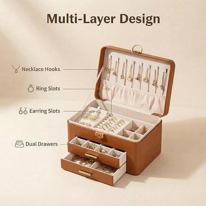 Jewelry Box for Women, Large Dresser Top Organizer with 3 Layers & 2 Drawers, PU Leather Storage Case for Earrings, Necklaces, Rings, Giftable Vanity Box (brown)