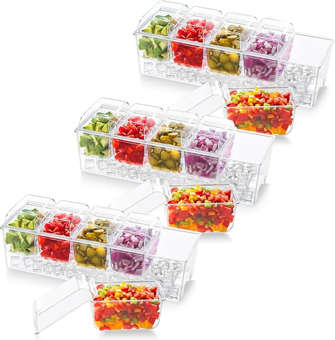 Lifewit 3 Pcs Ice Chilled Condiment Caddy with 5x 20 oz Containers, Condiment Server with Separate Lid, Serving Tray Platter with Removable Dishes for Bar, Fruit, Salad, Taco, Party Garnish