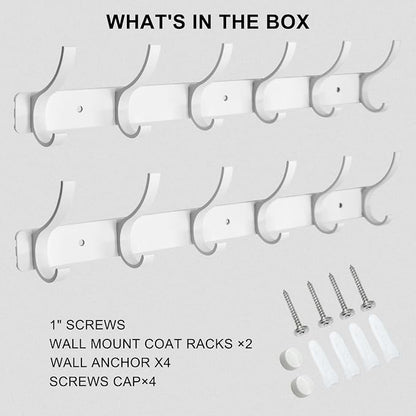 Coat Rack Wall Mounted,6 Coat Hooks for Hanging Coats,Heavy Duty Metal Double Hook Rack Hook Rail,Coat Rack with Hooks,Wall Mount Coat Hanger for Hat Towel Purse Robes (2 Pack White, 6 Hooks)