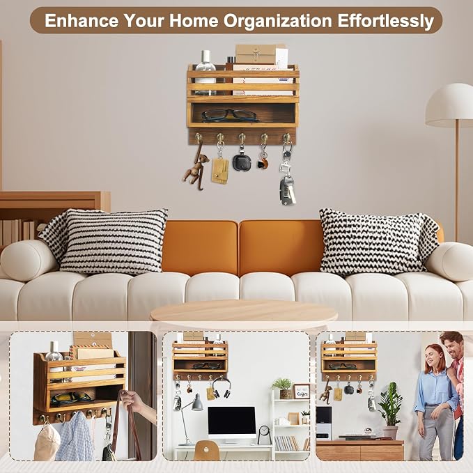 Mail and Key Organizer for Wall – Key Holder Wall Mount with Storage Box and 5 Key Hooks, Mail Holder Wall Mounted for Entryway, Apartment, Office, Home Decor Organization (Brown)