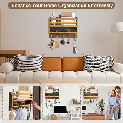Mail and Key Organizer for Wall – Key Holder Wall Mount with Storage Box and 5 Key Hooks, Mail Holder Wall Mounted for Entryway, Apartment, Office, Home Decor Organization (Brown)