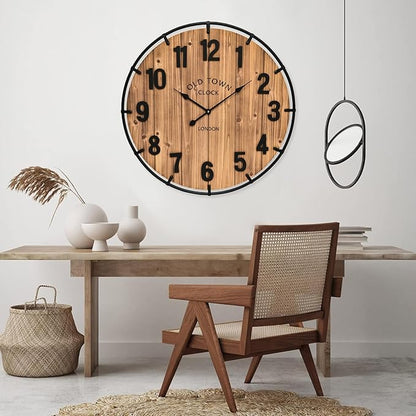 MICWIC 24 Inch Farmhouse Wall Clock Large Old Town Vintage Rustic Wooden Clock with Metal Rim and Large Numerals, Silent Battery-Operated for Office, Kitchen, Bedroom, and Living Room
