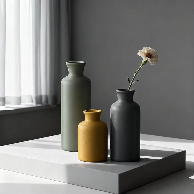 3PCS Ceramic Vase Set for Pampas Grass, Modern Boho Home Decor, Matte Handmade Vases Multi-Color for Farmhouse Living Room Shelf, Mantel, Centerpieces, Kitchen, Coffee Table Decoration