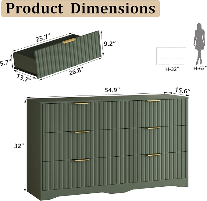 Fluted 6 Drawers Dresser for Bedroom, 55" Wide Wood Dressers Chest of Drawers with Metal Handle, Modern Dresser TV Stand Storage Organizer for Living Room, Entryway, Green