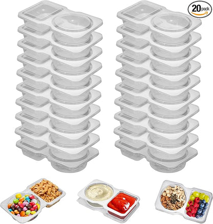 20 Set Reusable Snack Containers, 2-Compartment Dipping Containers with Lid for Refrigeration, Portion Control, Outdoor Takeaway Sauce Dip Case