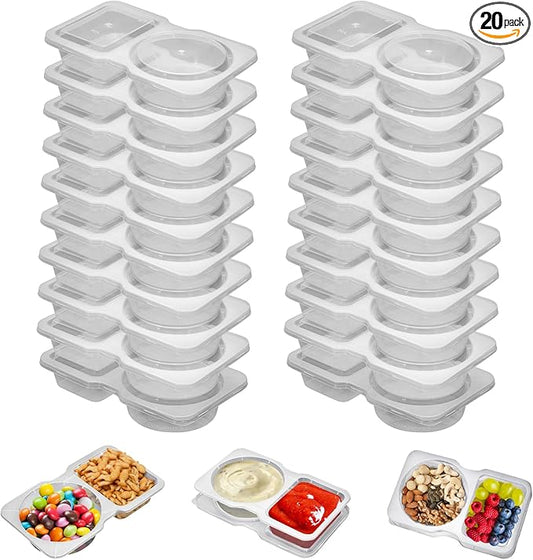 20 Set Reusable Snack Containers, 2-Compartment Dipping Containers with Lid for Refrigeration, Portion Control, Outdoor Takeaway Sauce Dip Case