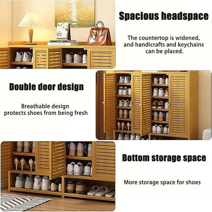 Bamboo Shoe Cabinet with Doors, 8-Tier Shoe Rack for Closet, 38-41 Pairs Freestanding Shoe Storage Cabinet for Hallway Living Room (Brown-03)