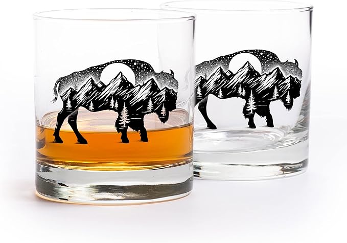 Black Lantern Buffalo Landscape Whiskey Glass Set Set of 2 11oz Heavy Base Glasses for Bourbon, Scotch & Cocktails | Gift for Outdoor Enthusiasts