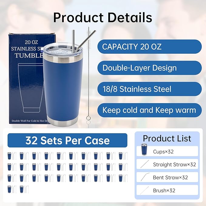 IEOVIEE 32 Pack, 20oz Stainless Steel Bulk Tumblers with Lids and Straws, Double Wall Insulated Travel Coffee Mug, Durable Powder Coated Tumbler Bulk Cup for Cold and Hot Drinks(Dark Blue)