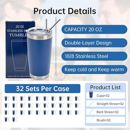 IEOVIEE 32 Pack, 20oz Stainless Steel Bulk Tumblers with Lids and Straws, Double Wall Insulated Travel Coffee Mug, Durable Powder Coated Tumbler Bulk Cup for Cold and Hot Drinks(Dark Blue)