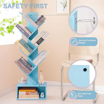 Yoobure Tree Bookshelf - 6 Shelf Retro Floor Standing Bookcase, Tall Wood Book Storage Rack for CDs/Movies, Utility Book Organizer Shelves for Bedroom, Living Room, Home Office Blue
