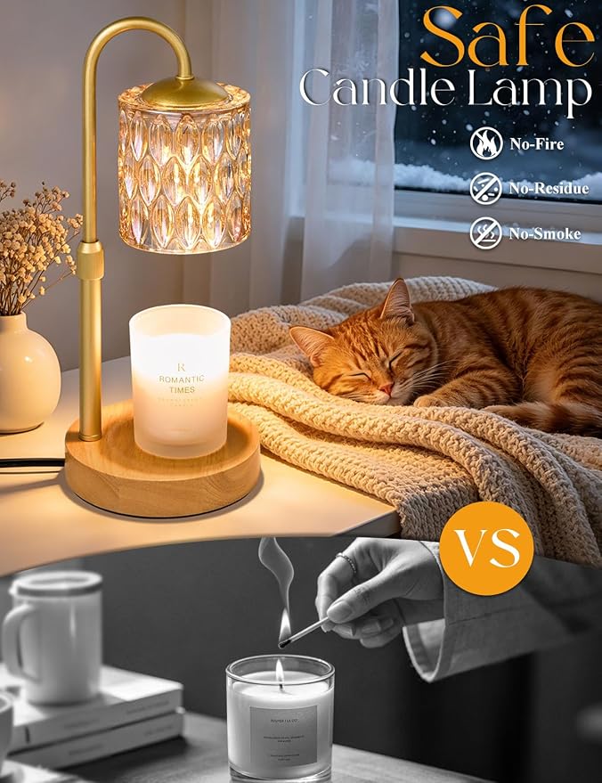Briever Dimmable Candle Warmer Lamp with Timer, Height Adjustable Electric Candle Wax Warmer, Birthday Gifts for Women Mom, House Warming Gifts New Home Decor, Solid Wood Base, Natural Wood Champagne