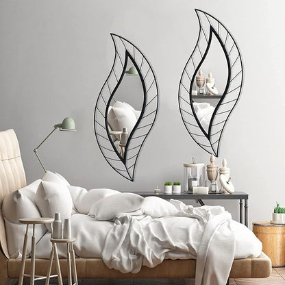 ironsmithn Decorative Wall Mirror, Leaf Teardrop Mirror with Metal Frame, 45" x 18.5" Black Wall Mounted Mirror for Bathroom Vanity Living Room Bedroom Fireplace