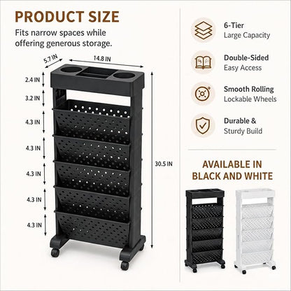 6-Tier Bookshelf, Book Storage Organization with Wheels Mobile Rolling Bookshelves Cart for Home Office Kids’ Study Room School, Black