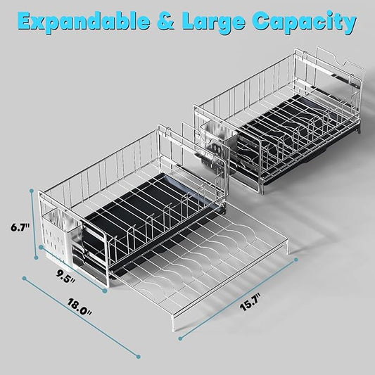 Large Dish Drying Rack, Expandable Dish Rack, 304 Stainless Steel Dish Racks for Kitchen Counter, Multifunctional Dish Drainers with Utensil Holder & Cutting Board Holder