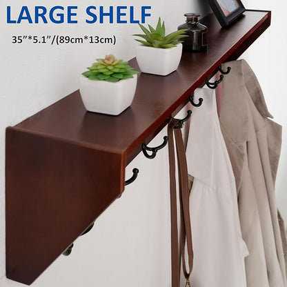 WEBI Coat Rack Wall Mount with Shelf,35" Long Wall Shelf with Hooks Underneath,7 Triple Hooks for Entryway,Hallway,Bedroom,Cherry