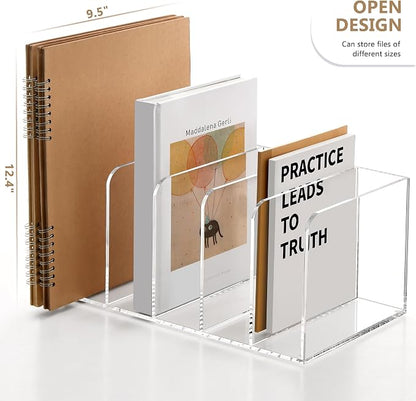 SANRUI Acrylic Magazine Holder Desk Organizer Workspace Sorters, Clear Bookend File Sorter Folder Rack For Home Office Accessories Organization Storage with 5 Vertical Compartments