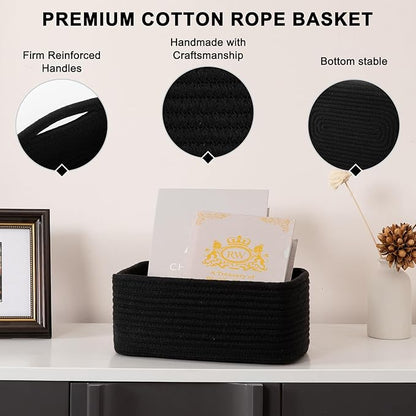 4 Pack Small Storage Shelf Baskets for Organizing, Mini Woven Rope Storage Bins for Towels, Cute Decorative Closet Organizer，Baby Nursery, Gift Empty Baskets -11.81''Lx7.87''Wx4.72''H-Black