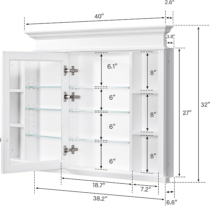 WELLFOR40 x 32" Bathroom Medicine Cabinet with 3-Tier Adjustable Shelves, Recessed Solid Wood Medicine Cabinet with Mirrors, Wood Miiror Cabinet with 1 Soft-Close Door and Open/Built-in 7 Shelves