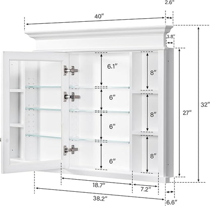 WELLFOR40 x 32" Bathroom Medicine Cabinet with 3-Tier Adjustable Shelves, Recessed Solid Wood Medicine Cabinet with Mirrors, Wood Miiror Cabinet with 1 Soft-Close Door and Open/Built-in 7 Shelves