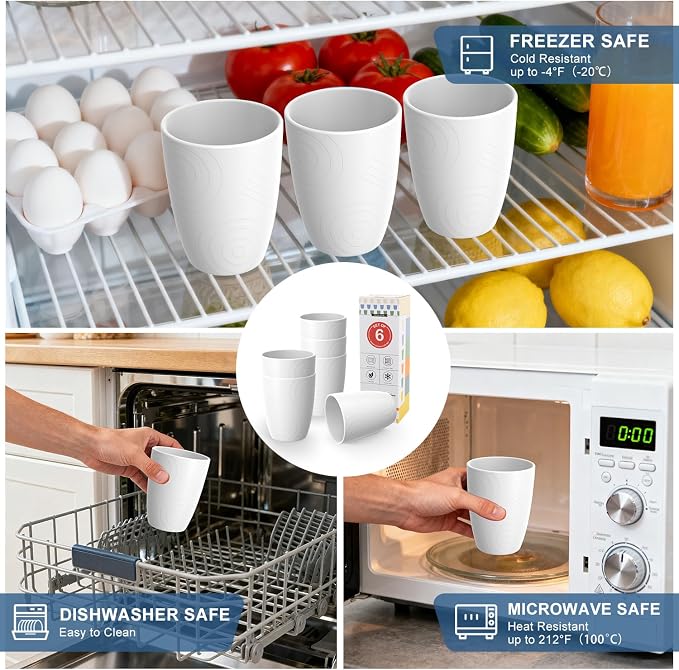 Wheat Straw Unbreakable Drinking Cups, 12 OZ Tumbler Set of 6, Lightweight Reusable Cups, Reusable Cups Alternative to Plastic, Dishwasher Safe Tumbler for Kitchen, Camping, RV, White